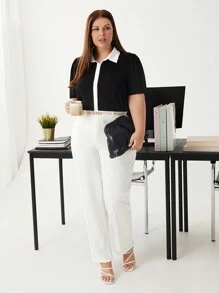 BizChic Plus Size Color Block Turn Down Collar Short Sleeve Casual Shirt - Black and White - View 8