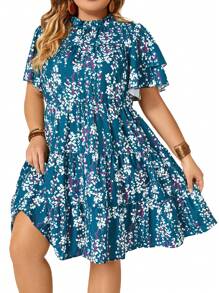 SHEIN Clasi Vestido De Talla Grande Con Estampado Floral Y Borde Con Volantes - Verde Oscuro - Ver 1