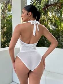 SHEIN SXY 度假风格纹理针织金属环镂空挂脖系带紧身衣春季女装 - 白色 - 查看 2