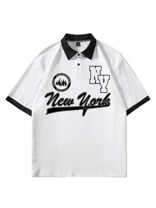 Claim Dot 男士拼色短袖时尚领 Polo 衫，带字母图案印花，适合外出、送给朋友