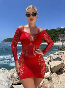 1pc Women's Solid Color Hollow Out Sexy Bodycon Dress