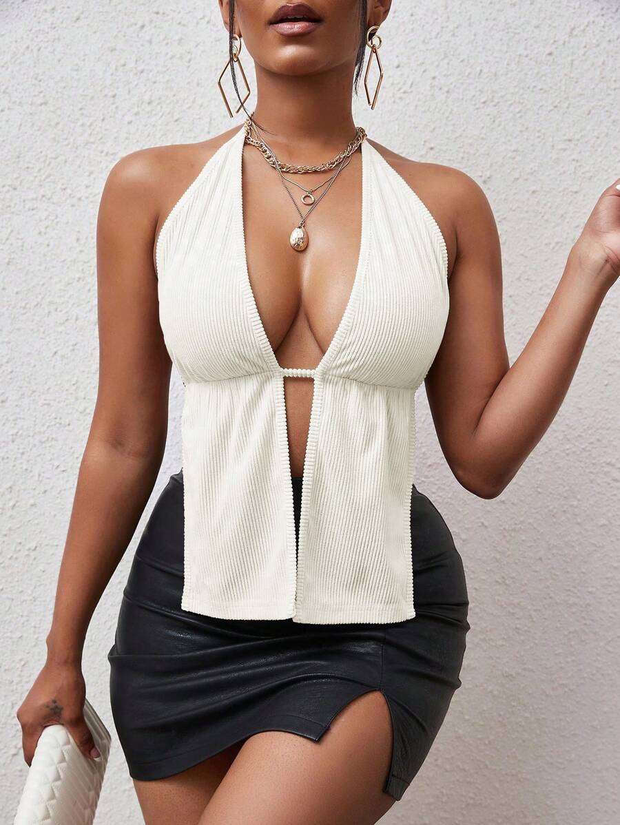 BamGleam 後背繫帶下擺開叉掛脖上衣 - 白色 - 查看 1