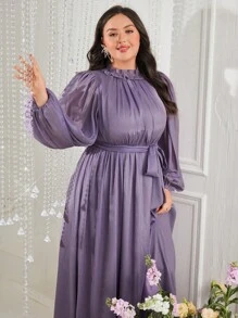 Modelyn 大尺碼純色襯衫領氣球袖連衣裙,適合休閒場合