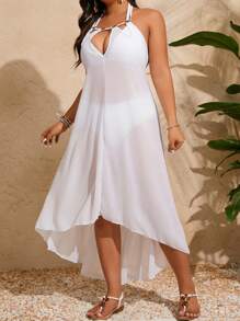 SHEIN Swim Curve 大码女式露背不对称下摆挂脖式罩衫连衣裙，一件夏季 - 白色 - 查看 6