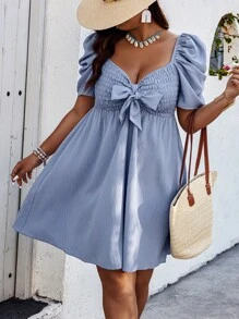 SHEIN Clasi Váy buộc dây phía trước tay bồng cỡ lớn cho nữ mùa hè - Màu be - Xem 5