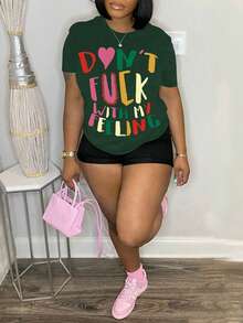 Maweii Women's Plus Size Slogan Printed T-Shirt - Green - View 3