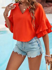 SHEIN Holidaya Women's Short Sleeve Blouse With Pressed Placket Detail - Orange - View 6