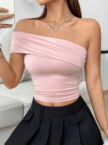 SHEIN Unity 純色,不對稱領口,褶皺,修身上衣