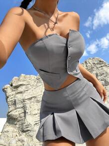 SHEIN EZwear 連結無肩帶上衣和百褶迷你裙套裝 - 灰色 - 查看 3