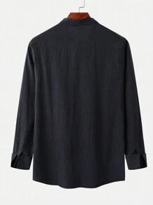 Men's Casual Long Sleeve Linen-Like Shirt - Black - View 2