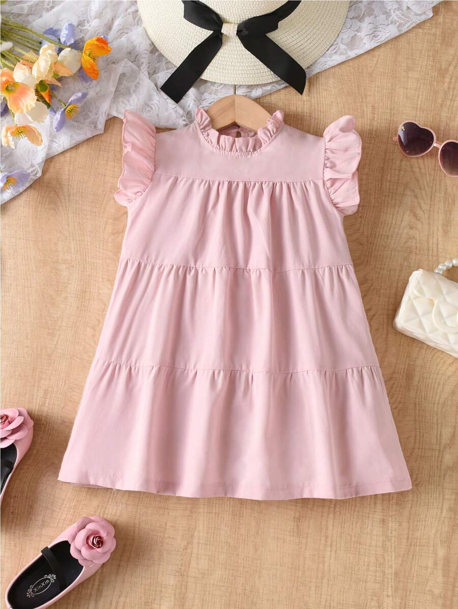 SHEIN 年轻女孩简约优雅立领纯色荷叶边领短袖连衣裙，夏季