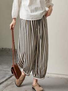 FRIFUL Quần ống rộng kẻ sọc nữ, Quần giáo viên - Đen và trắng - Xem 4