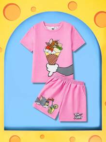 TOM & JERRY X SHEIN 少女可愛卡通印花套裝 - 粉色 - 查看 1