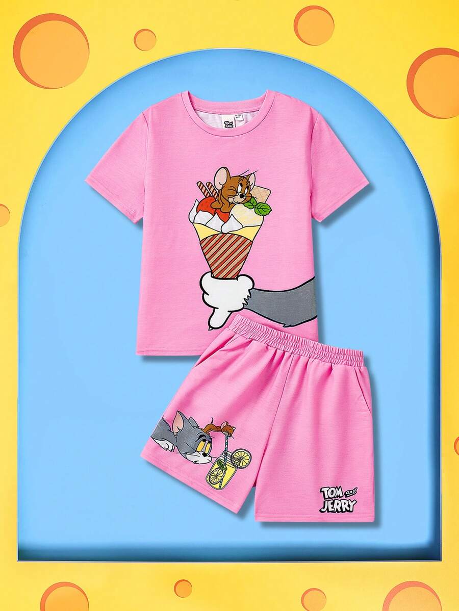 TOM & JERRY X SHEIN 少女可愛卡通印花套裝 - 粉色 - 查看 1