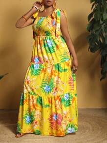 Slaydiva Plus Size Summer Tropical Print Tie Waist Hawaiian Dress - Yellow - View 2