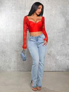 SHEIN SXY Top Corto Femenino Con Escote Corazón - Rojo - Ver 4