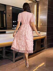 Women'S V-Neck Lotus Leaf Short-Sleeved Dress With Mesh Hem