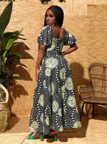 Slaydiva Robe d'été décontractée pour vacances, à encolure carrée, avec manches bouffantes, manches courtes, fente haute, imprimé vagues sur toute la surface, pour femmes - Z