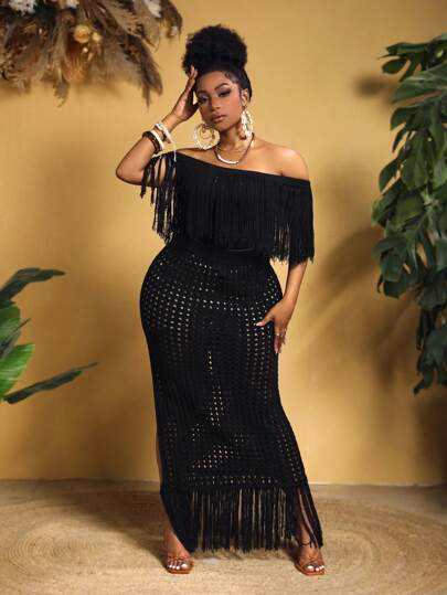 Slaydiva Plus Size Women's Fringe Knitted Sweater 2pcs Set