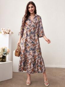 Lacomfia 女用蝴蝶印花 V 領長連身裙 - 彩色 - 查看 3