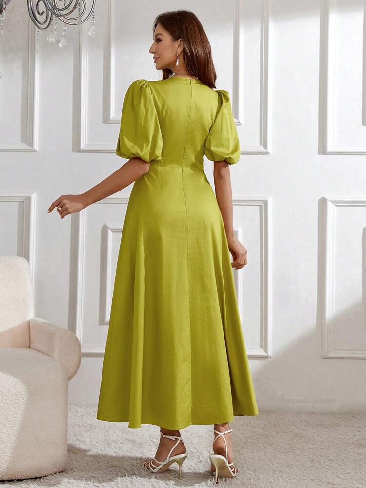 Solid Color Pleated Puff Sleeve Women's Dress Long Evening Dresses