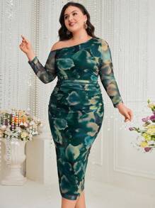 Modelyn 大尺碼女士口紅染色不對稱領高彈緊身連身裙 - 彩色 - 查看 7