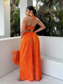 SHEIN SXY Beach;Holiday Style Ultra-Cut Off Halter Top With Twist Front Waist And Ultra-Loose Trousers Summer Two Pieces Outfits Boho Women Clothing - Orange - View 2