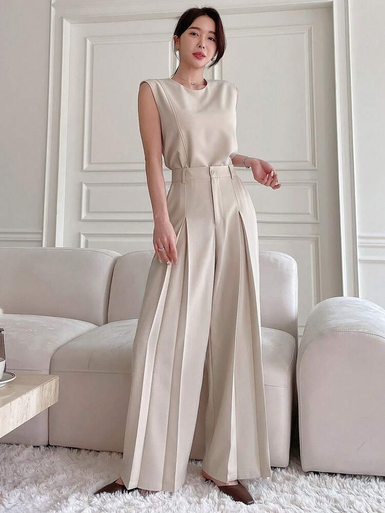 2pcs/Set Women Casual Business Style Sleeveless Top & Wide Leg Pants Suit Summer Work Women Clothes