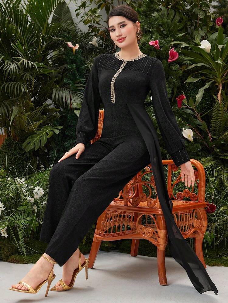 Color-Block Embroidered Decor Long Sleeve Jumpsuit