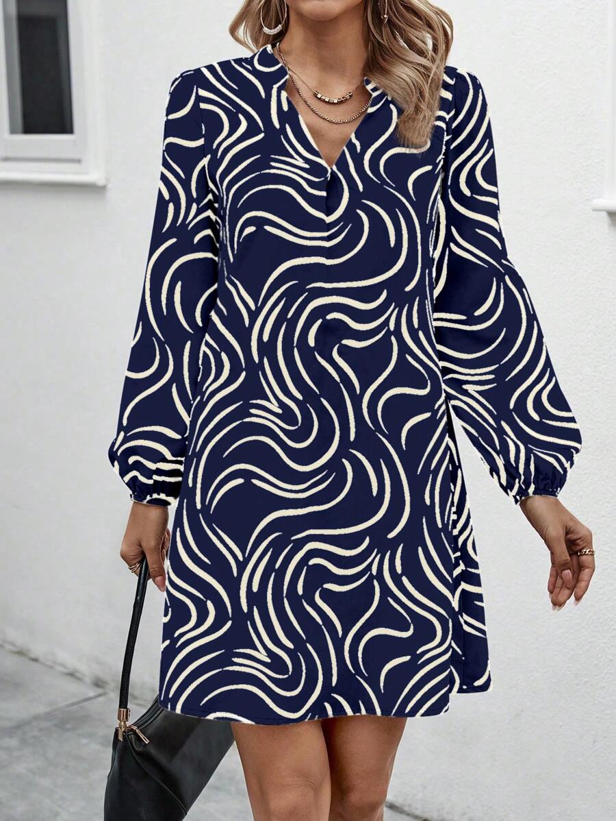 Chiquease Casual Lantern Sleeve Printed Dress Fall Cloth For Women - Royal Blue - View 1