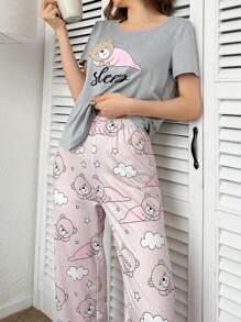 Women's Short Sleeve And Pants Pajamas Set With Teddy Bear Print - Multicolor - View 5