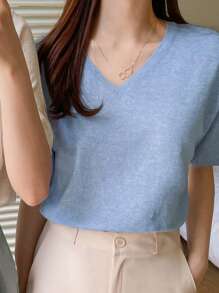 DAZY Áo len dệt kim nhẹ cổ chữ V tay ngắn màu trơn dành cho nữ, trang phục thường ngày công sở mùa hè thu - Màu xanh lam - Xem 5