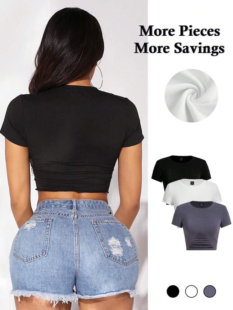 3pcs Women's Distressed Cropped Top Spring And Summer Women's Clothing