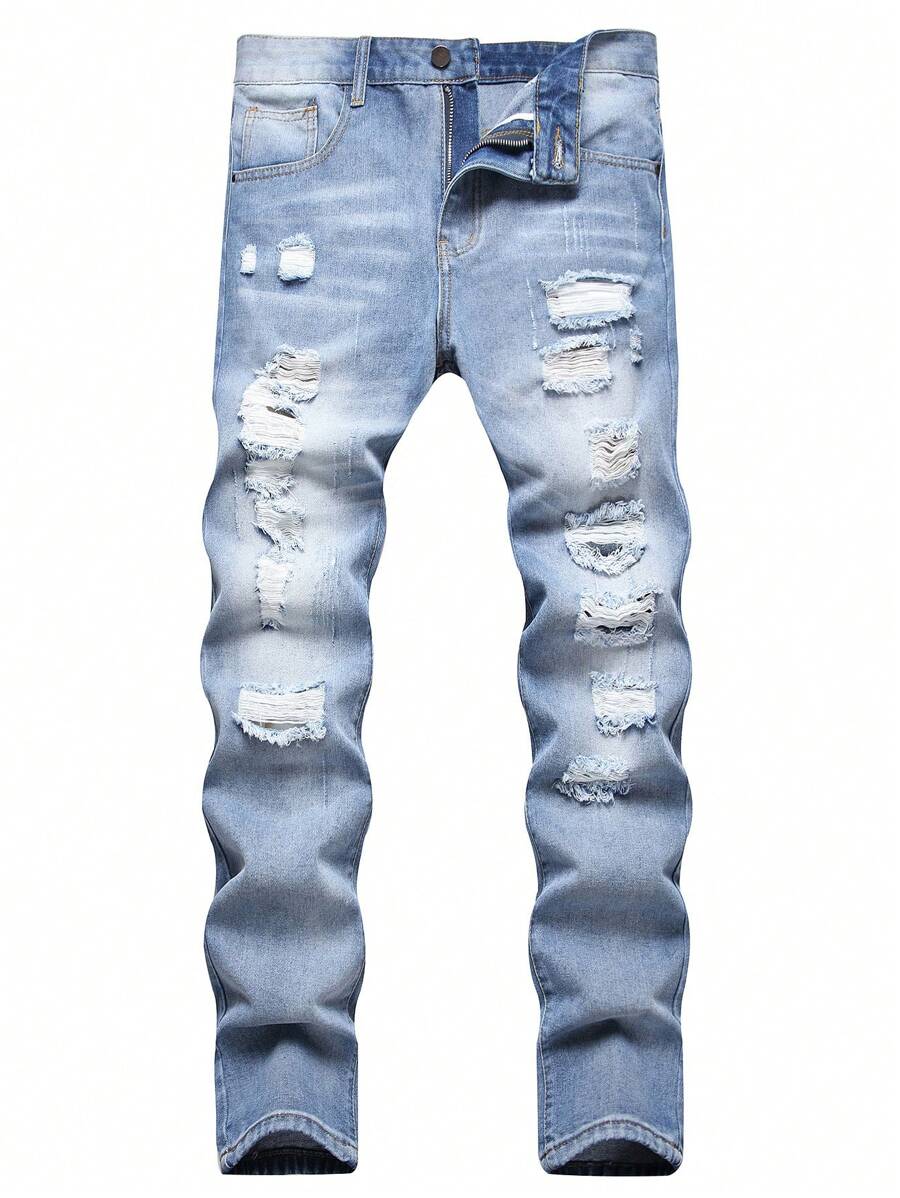 Men Ripped Frayed Bleach Wash Jeans - Light Wash - View 1