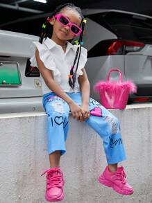 SHEIN Young Girl's Solid Color Ruffle Edge Top And Jeans Like Heart Letter Print Long Pants Two Piece Set - White - View 1