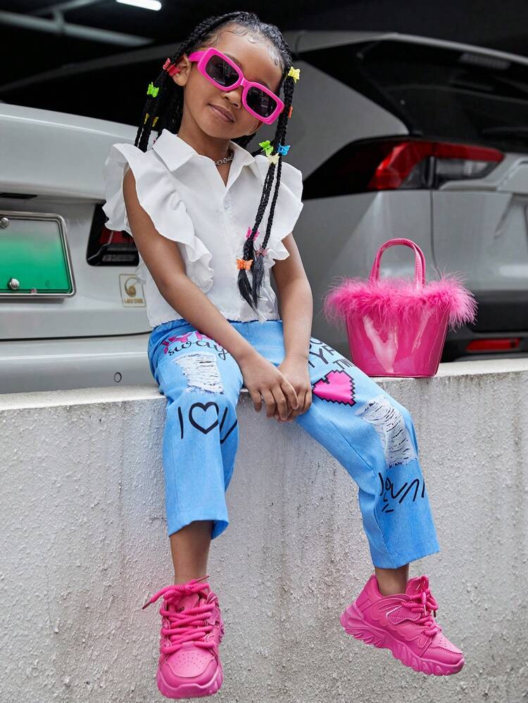Young Girl's Solid Color Ruffle Edge Top And Jeans Like Heart Letter Print Long Pants Two Piece Set