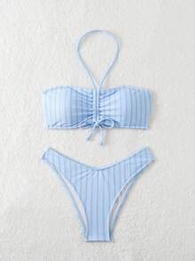 SHEIN Swim Women's Striped Halter Neck Bikini Set Summer Beach - Blue - View 7