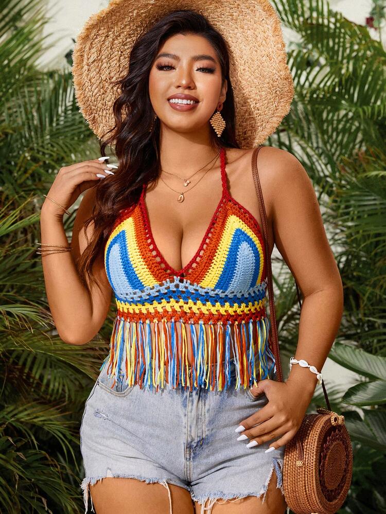 Plus Size Women's Knitted Halter Top With Fringed Hem And Multicolor Striped Pattern