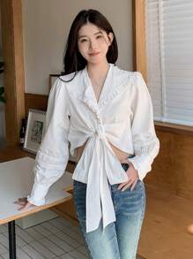 DAZY 女式系带长袖衬衫，秋季女装 - 白色 - 查看 1