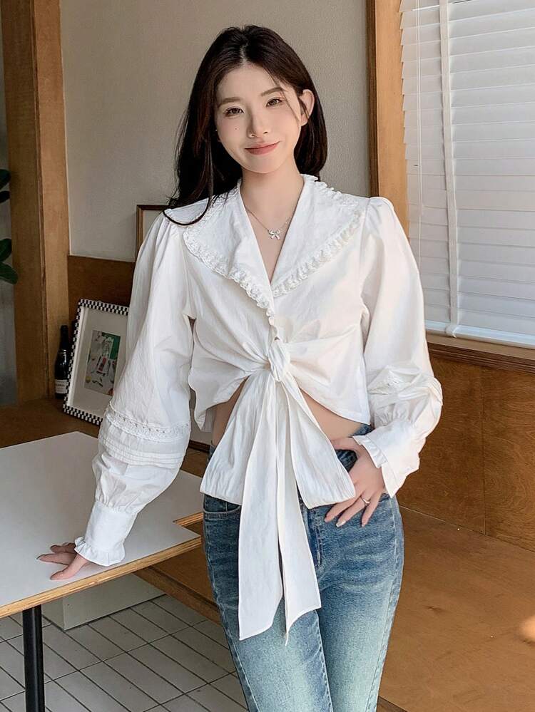 Women's Tie Front Long Sleeve Blouse,Fall Women Clothes
