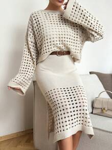 EURMUSE Solid Color Hollow Out Sweater 2pcs/Set - Beige - View 5