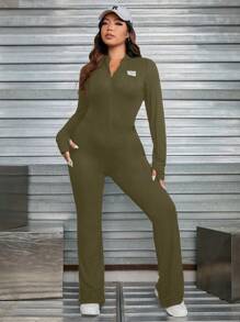 SHEIN EZwear Dệt kim Của phụ nữ Vá chữ cái Tay áo dài Áo liền quần - xanh quân đội - Xem 4