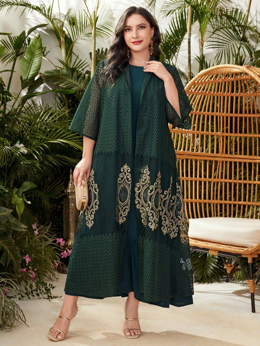 Al Najma Plus Size Women's Baroque Print Mesh Jacket And Sleeveless Dress Set - Dark Green - View 1