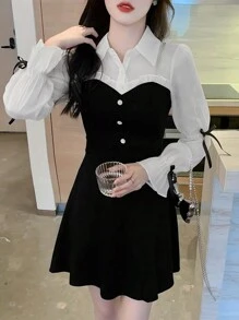 SHEIN Unity Long Sleeve Black Dress With Ruffled Trim Detail - Black and White - View 1