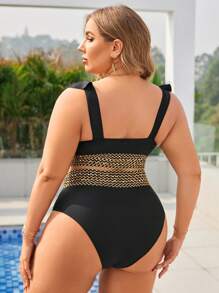 SHEIN Swim Curve Đen Cổ chữ V Kích thước lớn Áo bơi Bộ - màu đen - Xem 2