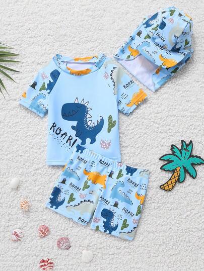 Baby Boy Dinosaur Print Short Sleeve Swimsuit Set With Sun Hat, Summer  Getaway,Holiday,Travel,Relax,Summer,Holiday