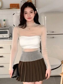 DAZY Women's Stand Collar Mesh Long Sleeve Top - White - View 4