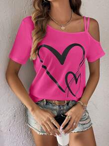 EMERY ROSE Heart Print Asymmetric Collar Short Sleeve T-Shirt - Hot Pink - View 3
