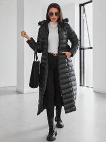 RueChic Women's Zipper Waist Belt Detachable Hooded Long Padded Jacket - Black - View 4