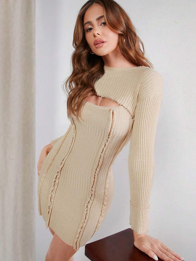 Women Plain Round Neck Long Sleeve Crop Sweater And Knitted Dress Casual 2-Piece Set